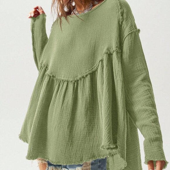 Green boho Women's Vacation Woven Loose Long Sleeve Shirt top - Picture 2 of 8